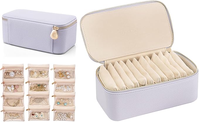 VLANDO Travel Jewelry Box Organizer – Portable PU Leather Jewelry Case with 6/8/12 Zippered Pouches, Compact Storage for Earrings Rings Necklaces Bracelets, Lilac Purple