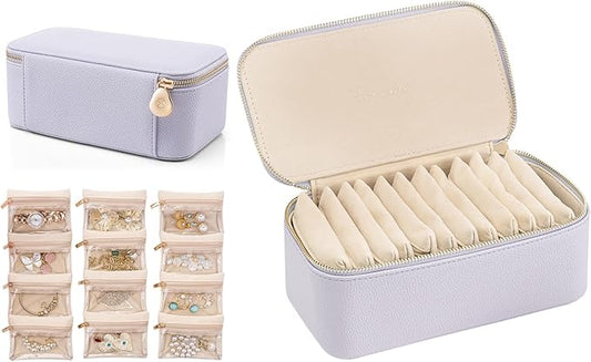 VLANDO Travel Jewelry Box Organizer – Portable PU Leather Jewelry Case with 6/8/12 Zippered Pouches, Compact Storage for Earrings Rings Necklaces Bracelets, Lilac Purple
