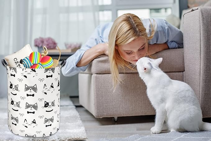 HIYAGON Large Storage Baskets,Waterproof Laundry Baskets,Collapsible Canvas Basket for Storage Bin for Kids Room,Toy Organizer,Home Decor,Baby Hamper(Bowknot Cat)