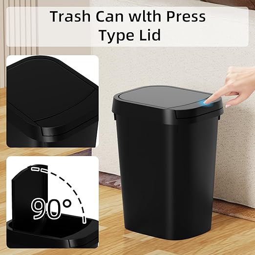 KSSKSS 3 Pack Bathroom Small Trash Can with Lid, 2.6 Gallon Slim Garbage Bin with Pop-Up Lid, 10L Plastic Wastebasket for Bedroom, Office, Kitchen, Toilet (Black)