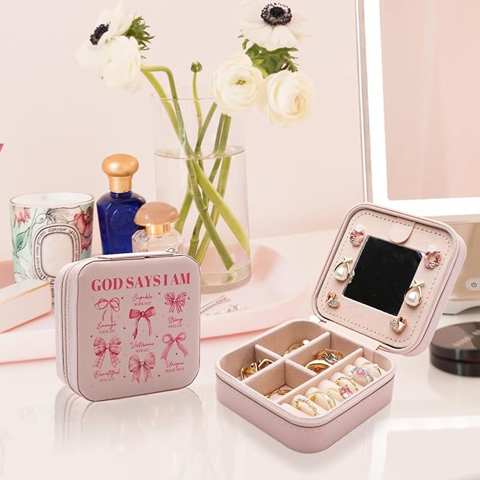 God Says I Am Jewelry Box Inspirational Christian Gifts Religious Faith Based Gift Bible Verse Jewelry Case Pink Coquette Bow Travel Jewellery Organizer