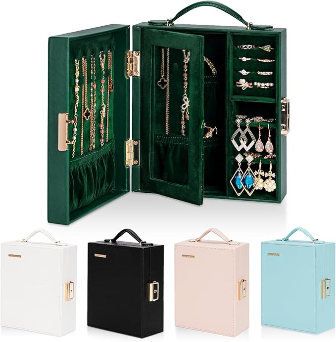 Enthralite Large Travel Jewelry Case: Portable Necklace Box with Mirror - PU Leather & Velvet Lined Jewelry Organizer for Ring Earring Bangle Bracelets Watch - Birthday Gift for Her
