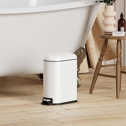 CEROELDA Small Bathroom Trash Can with Lid Soft Close, 5L/1.3 Gallon Stainless Steel Slim Garbage Can, Metal Waste Basket with Step Pedal, for Office, Bedroom, Toilet, Dorm Room (White, 1.3 Gallon)