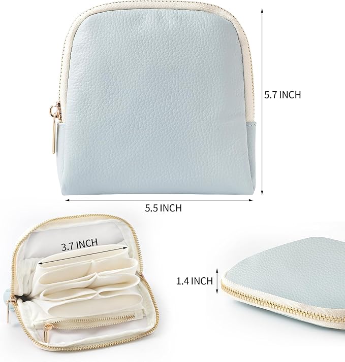 Genuine Leather Travel Jewelry Organizer Case Pouch Bags with Zipper, Small Mini Portable Jewelry Storage Bag for Ring Earrings Necklace Bracelet Travel Essentials Gift for Women（Light Blue）