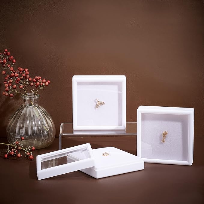 BENECREAT 6Pcs White Plastic Boxes with Sponge Inside Gift Boxes Clear Window Presentation 3.5"x3.5"x1" for Jewelry Birthday, Mother's Day Festival Gift Packing