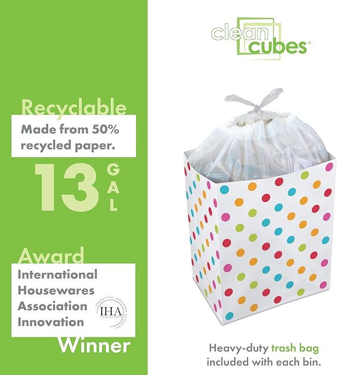 Clean Cubes 13 Gallon Disposable Pop-Up Trash Cans (3-Pack) with Fitted Bags – Foldable Garbage & Recycling Bins for Parties, Events & Kitchen (Polka Dot, 17" H x 13.5" W x 10" D)