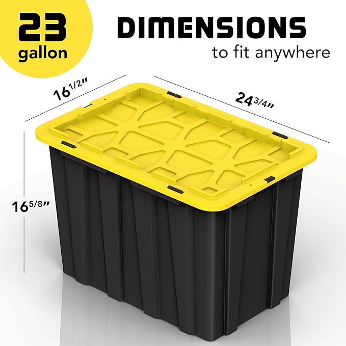 4 PACK X-Large Black & Yellow Storage Bins | Plastic Tote Organizing Container with Secure Latching Lids, Stackable, Extra Strength with Built in Handle | Black and Yellow Bins | 24.5" x 16.5" x 16.6"