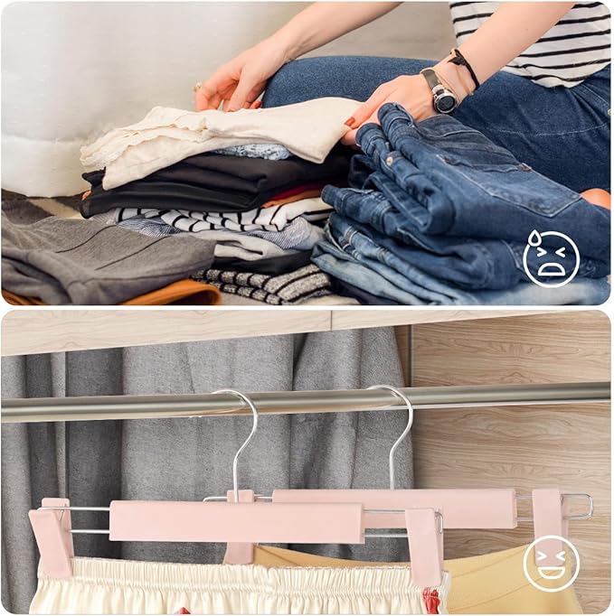GUANJUNE Clothes Pants Hangers, Space-Saving Skirt Holders with 360 ° Swivel Hooks, Adjustable Clips, Trouser Hangers, Clothes Coat Garment Jeans Hangers (10 Pack, Pink)