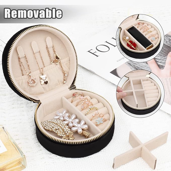 DesignSter Travel Jewelry Box - Velvet Mini Jewelry Organizer, Small Jewelry Case for Girls Women, Jewelry Storage Box for Rings Earrings Necklace (Circular, Black)