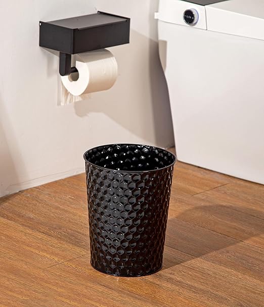 Venalys Small Metal Trash Can Wastebasket, Decorative Honeycomb Garbage Can Waste Basket, Modern Farmhouse Round Trash Bin for Bathroom, Bedroom, Kitchen and Office (Black)
