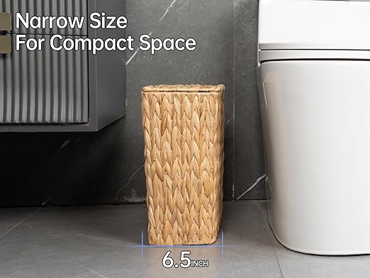 Coeusy 3 Gallon Wicker Trash Can,Small Bathroom Trash Can with Lid,Natural Water Hyacinth Wicker Waste Basket for Bedroom,Toilet,Narrow Garbage Can with Removable Liner