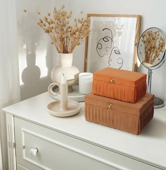 HofferRuffer Velvet Decorative Boxes, Jewelry Boxes Storage Accessory Organizer Boxes with Elegant Handle Decor, Classic Velvet Set of 2 Pieces (Brown)