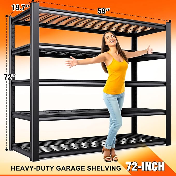 59''W Storage Shelves,3000LBS Garage Shelving,Adjustable Garage Shelves,Heavy Duty Metal Shelving, 5 Tier Wood Utility Steel Shelf, Easy-to-Install Shelving Units and Storage 72''x59''x19.7