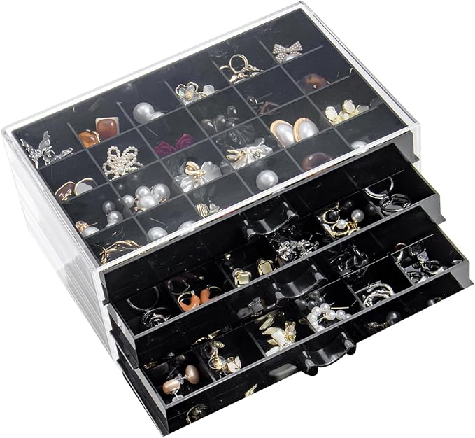 YUFONG Earring Storage Box Organizer 3 Drawers Acrylic Jewelry Storage Box Holder Transparent Jewelry Display Stand with 72 Small Compartments Gift for Women Girls (Black)