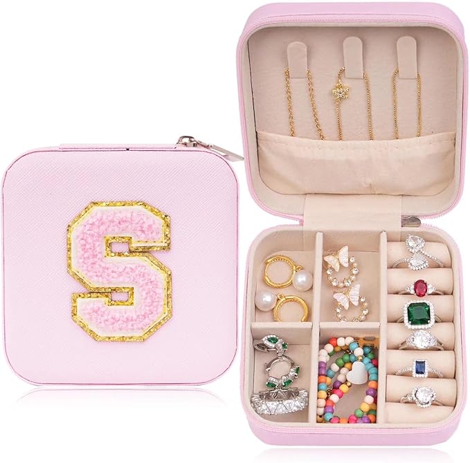 ETHOON Jewelry Travel Case Small Organizer Stocking Box Personalized Gifts Teenage Jewelry Accessories Holiday Wedding Christmas Gift for Women Pink, Letter S