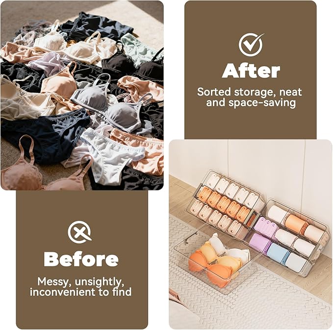 Bra Drawer Organizer for Women - 2 PCS Clear Plastic Storage Box with Lid and Dividers for Socks, Underwear, Bras, Ties, and Closet Organization