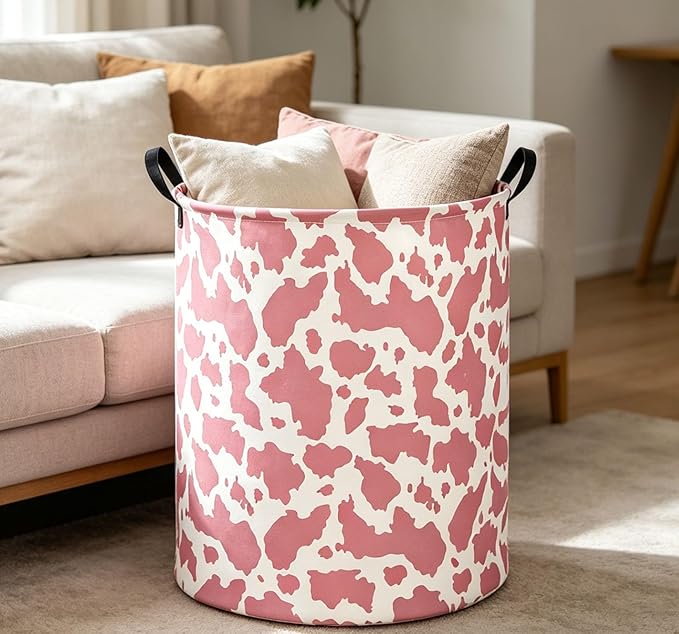 Kids Laundry Basket Cow Hamper for Nursery Pink Hamper Cute Kids Storage Bin Organizer Room Decor for Home(Pink cow)