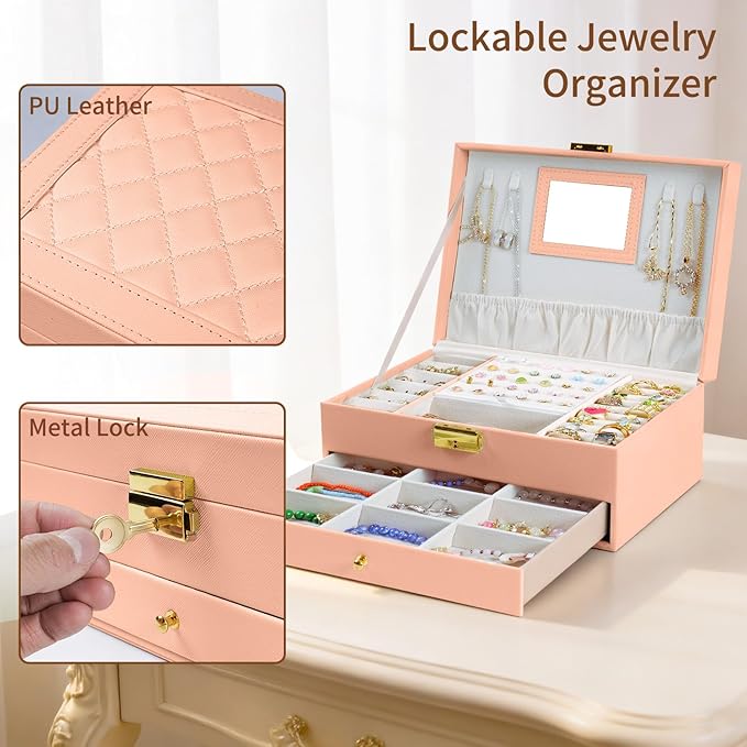 coobest Jewelry Box, 2 Layer Jewelry Organizer with Velvet Earring Organizer, Jewelry Holder Organizer Travel, White Jewelry Boxes for Women, Jewelry Boxes & Organizers for Girls, pink