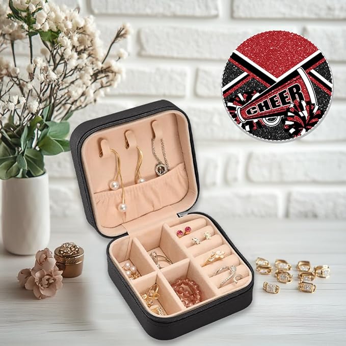 Cheerleader Jewelry Case, Mini Travel Box for Women, Cheer Team Gifts for Girls (Winered)