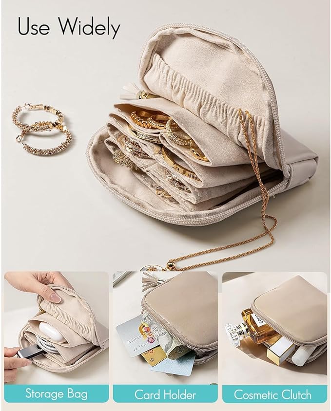 Small Travel Jewelry Organizer,Jewelry Pouch Bags,Velvet Jewelry Storage Bag for Bracelet Rings Earring,Portable Jewelry Travel Case for Traveler (Beige)