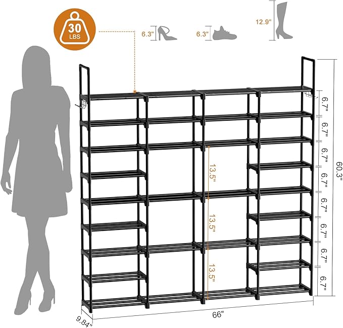 WOWLIVE 4 Row 9 Tiers Extra Large Shoe Rack 68-72 Pairs Big Tall Metal Shoe Shelf, Heavy Duty Organizer for Closet Entryway, Boot Rack Storage Stackable Stand for Garage Black