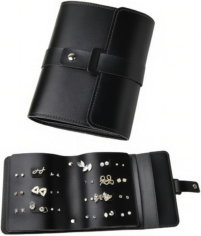 LAKE OF FIRE Earring Holder Organizer with Foldable Book Design Book Organizer, Portable Pu Leather Travel Earring Case (Black)