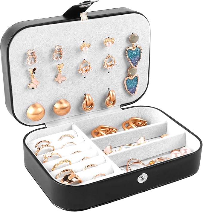 OceeK Travel Jewelry Box,Travel Jewelry Case for Girls Women Mothers, Jewelry Organizer Case, PU Leather Black,1 Pack