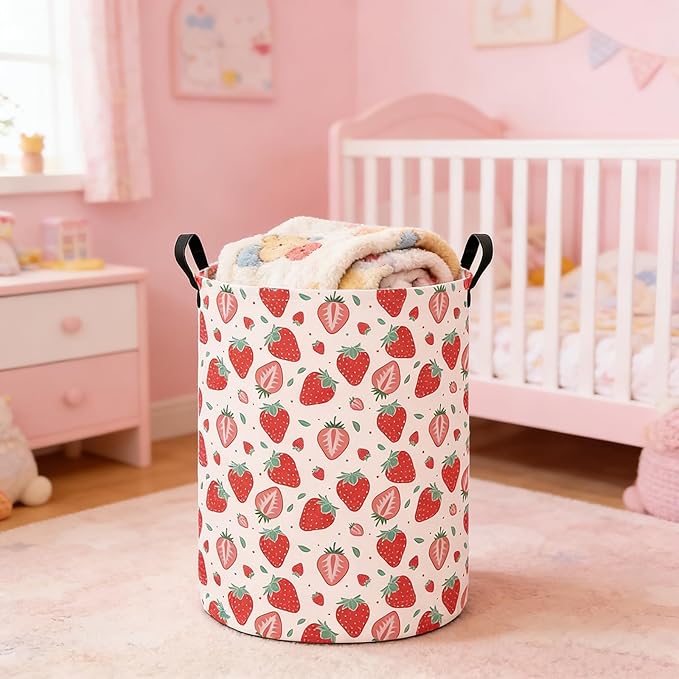 Laundry Hamper Large Canvas Fabric Lightweight Storage Basket/Toy Organizer/Dirty Clothes Collapsible Waterproof for College Dorms, Boys and Girls Bedroom,Bathroom(strawberry)