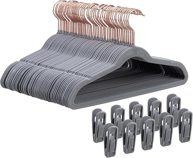 Tonswachic Baby Velvet Hangers 50 Pack - 11 Inch Non-Slip Felt Kids Hanger for Newborn Clothes - Small Toddler Child Hangers Durable for Every Use - 10 Hanger Clips Included, Gray