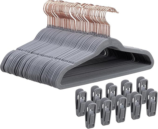 Tonswachic Baby Velvet Hangers 50 Pack - 11 Inch Non-Slip Felt Kids Hanger for Newborn Clothes - Small Toddler Child Hangers Durable for Every Use - 10 Hanger Clips Included, Gray