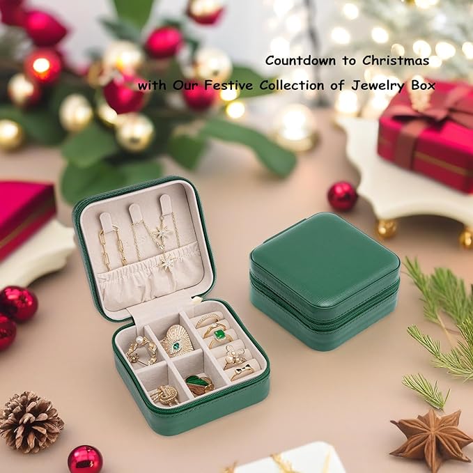Vlando Small Travel Jewelry Box Organizer Display Storage Case for Girls Women Gift Rings Earrings Necklaces, Dark Green