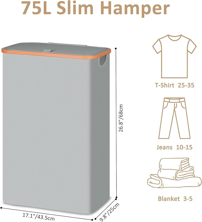 Vincona Slim Laundry Basket with Lid, Narrow Dirty Clothes Hampers for Laundry with Handle, Skinny Laundry Bin for Laundry Room, Dorm, Bedroom and Bathroom, 19.8 Gallon (75L) Silver Grey