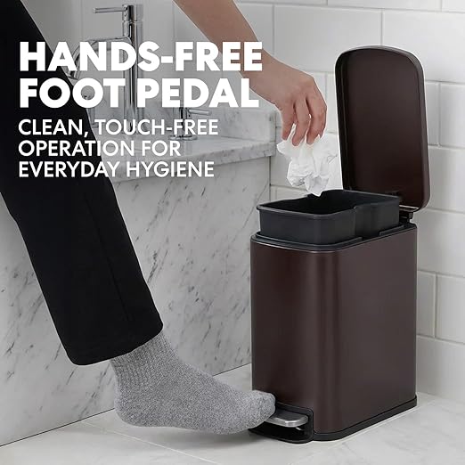 SIMPLI-Magic 6L/1.6G Stainless Steel Bathroom Trash Can with Hands-Free Foot Pedal, Quiet Soft-Close Lid, Compact Space-Saving Size