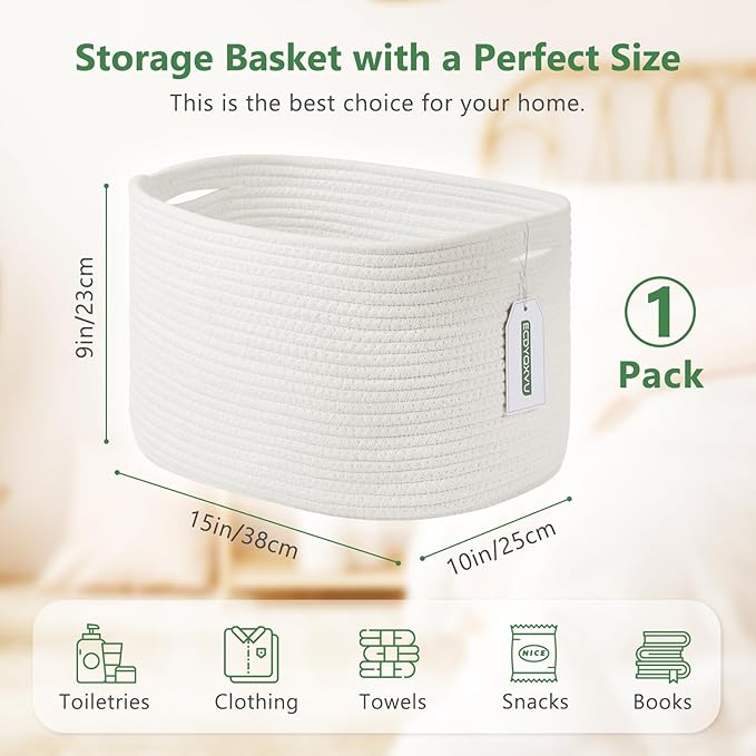 ECDYQXVU Cotton Rope Storage Basket, 15x10x9 Inches, Woven Basket for Shelves, Clothes, Towels, Books, and Laundry, White (1 Pack)