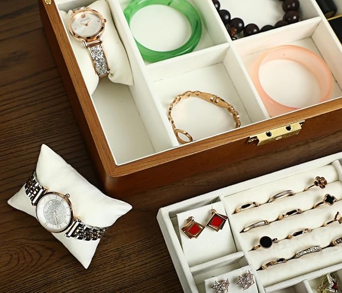 Solid Walnut Wood Jewelry Box with Lock, 2-Layer Vintage Jewelry Organizer for Men Women, Velvet-Lined Storage Chest with Key Lock (Beige)