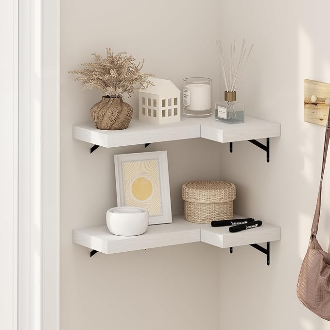 Furinno Tanna Floating Shelves for Wall Set of 4, 15-Inch Wall Shelf, Wall Mounted Shelf, for Bathroom, Home Office, Living Room, White Texture