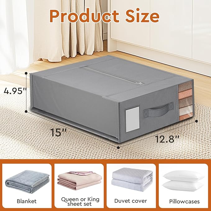 StorageTastic 2 Pack Bed Sheet Closet Organizers and Storage,Sturdy Foldable Storage Containers with Window and Label,Storage and Organization for Bedding Sheets,Duvet Covers,Blankets (Grey)