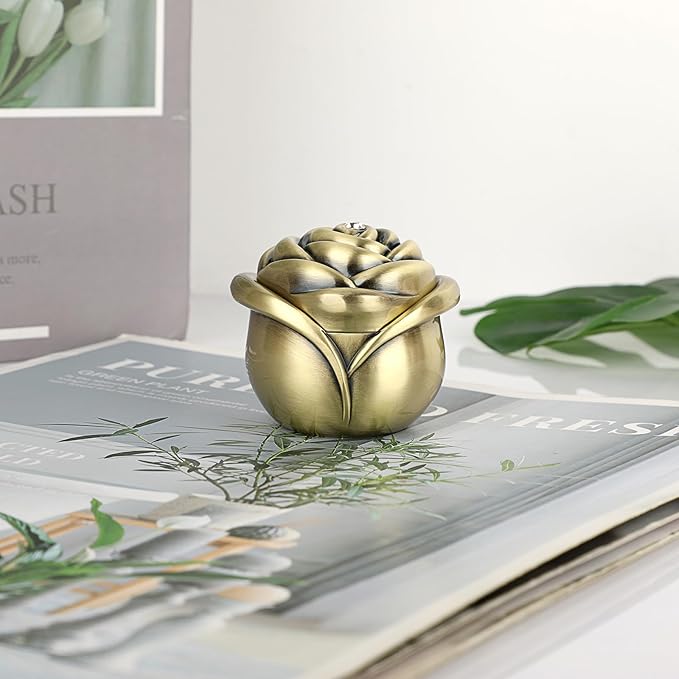 Hipiwe Small Vintage Jewelry Box, Rose Shape Ring Holder Treasure Chest Box for Women, Trinket Storage Case Keepsake Box for Rings Earrings Necklace, Bronze