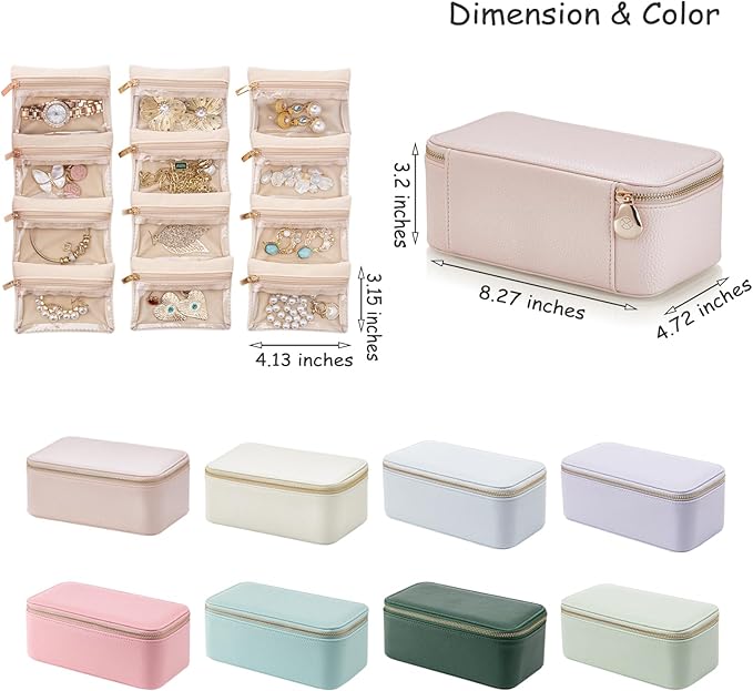 VLANDO Travel Jewelry Box Organizer – Portable PU Leather Jewelry Case with 6/8/12 Zippered Pouches, Compact Storage for Earrings Rings Necklaces Bracelets, Offwhite