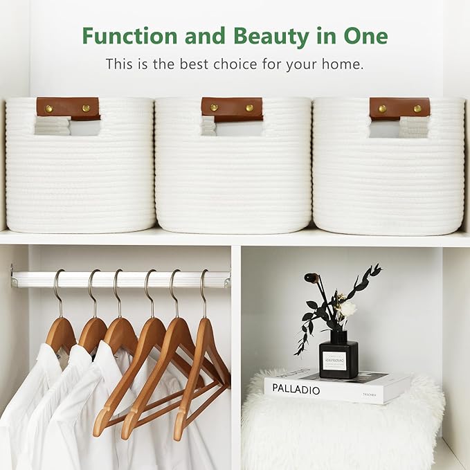 ECDYQXVU Cotton Rope Basket, Storage Baskets with Handle, 15x10x9 Inch Woven Basket for Shelves, Laundry, Towels, Clothes, Books (White 2Pack)