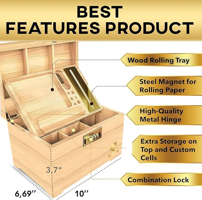 HOVANZO Premium Large Bamboo Storage Box with Removable Tray - Storage Wood Box for Herbs and Accessories - Storage Box Set with Combination Lock - Smell Proof Container with Accessories