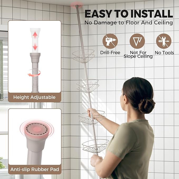 Urackify Corner Shower Caddy Tension Pole, 4 Tier Adjustable Bathroom Organizer Shelves, Shower Storage With Hidden Hook & Towel Holder,63.7-119 Inch No-Drill Quick Installation Shower Rack,Sliver