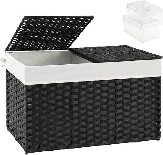 SETVSON Storage Basket with Lid Wicker Baskets for Storage with 2 Separate Lid 42.3 Gallon (160 L) 29.9 x 17.3 x 18.1 Inches Rattan Woven Large Wicker Basket with 2 Liners for Bedroom Laundry Black