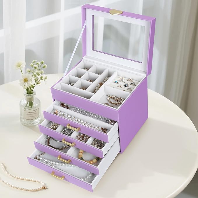 Kendal Jewelry Box, 5-Layer Jewelry Organizer Box with Glass Lid, Purple, Heart Shaped PU Leather, Storage Box for Necklace Earrings Rings Bracelets, Gift Idea for Girls LJC4DRPL