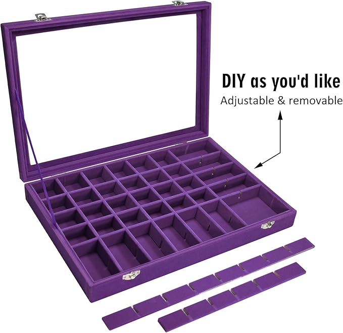 Siveit Velvet Jewelry Tray 48 Grid Jewelry Display Tray Organizer Box with Transparent Lid Rings Earrings Necklaces Pendants Display Box Suitable for Women and Girls (Purple)