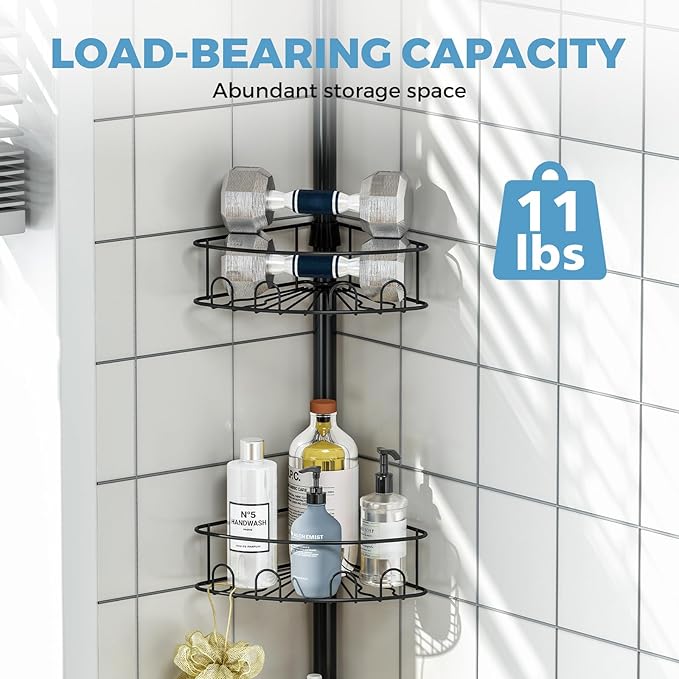 Corner Shower Caddy Tension Pole，4 Tier Adjustable Bathroom Organizer Shelves，Inside Shower Storage With Hidden Hook & Towel Holder,63.7-119 Inch No-Drill Quick Installation Shower Rack,Black