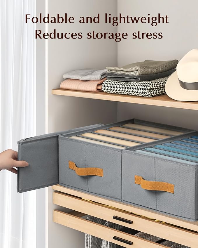 Homsorout Clothes Organizers and Storage - 4/5/7 Grids Fabric Jeans Organizer with Handles, Foldable Closet Organizers Dividers, Wardrobe organizer for Pant, Sweater, T-shirt, Scarf, 3 Pack, Pale Grey