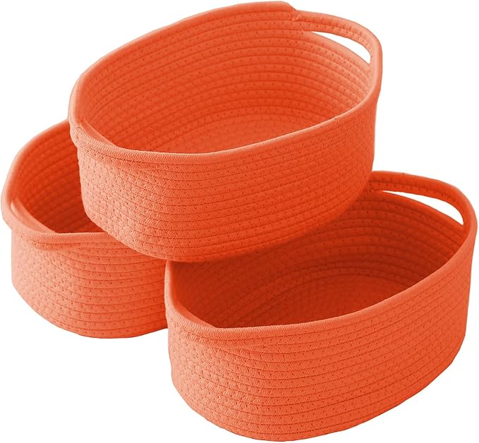 JMvicyroam Woven Basket,Small Rope Storage Bin with Handles & Ribbon Bag, Organizer for Shelves Closets,Gift Basket Empty for Birthday,Books,Dog Toys,Orange/3 Pack