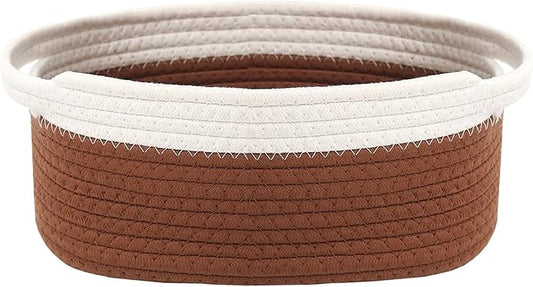 JMvicyroam Woven Basket,Small Rope Storage Bin with Handles & Ribbon Bag, Organizer for Shelves Closets,Gift Basket Empty for Birthday,Books,Dog Toys, White&Brown