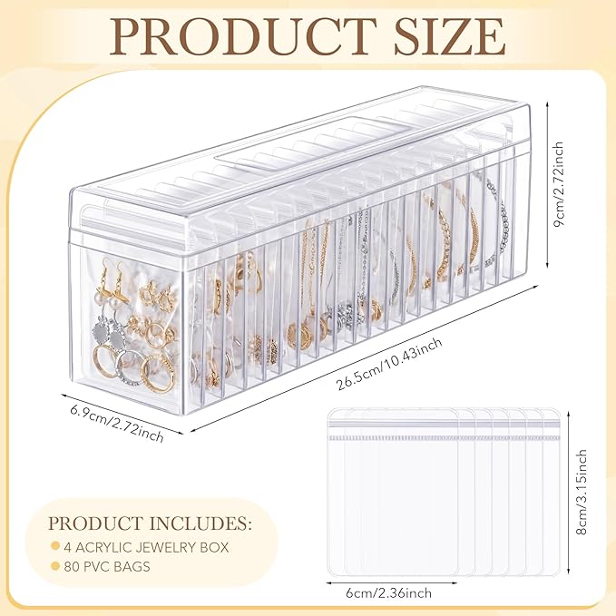 Kenning 84 Pcs Acrylic Jewelry Case Organizer, Clear Jewelry Organizers Holder with Portable Anti Tarnish Storage Bags for Rings, Earrings, Necklaces, Ideal Gifts for Women (Clear)